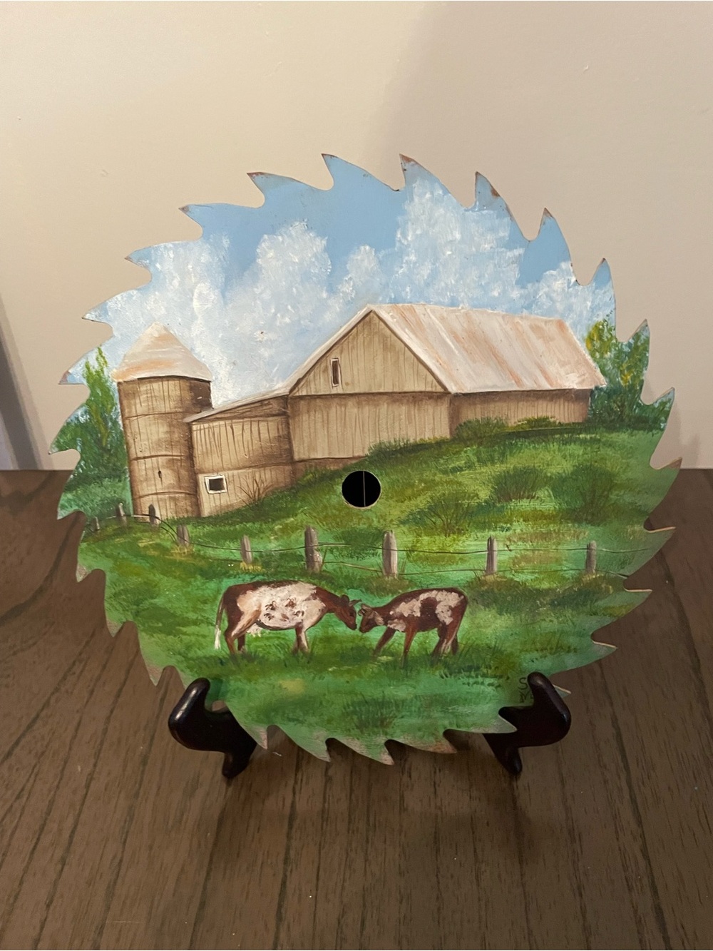 Hand Crafted Scenic Farm Barn & Cows Painted Saw Blade - Green, Blue, Brown